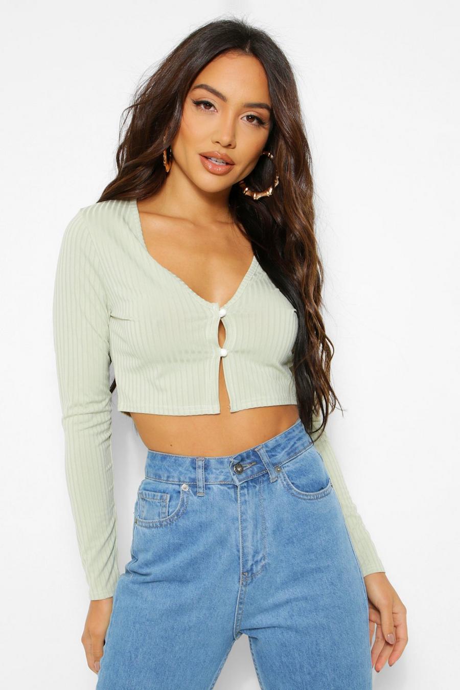 Sage Ribbed Button Long Sleeved Crop Top image number 1