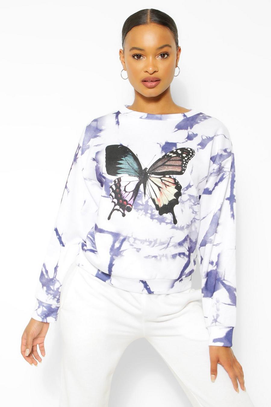 Pullover in Batik-Optik mit Schmetterling-Print, Indigoblau image number 1