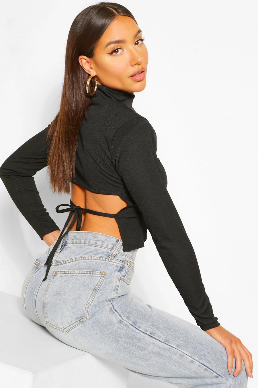 High Neck Lace Up Back Long Sleeve Top image number 1