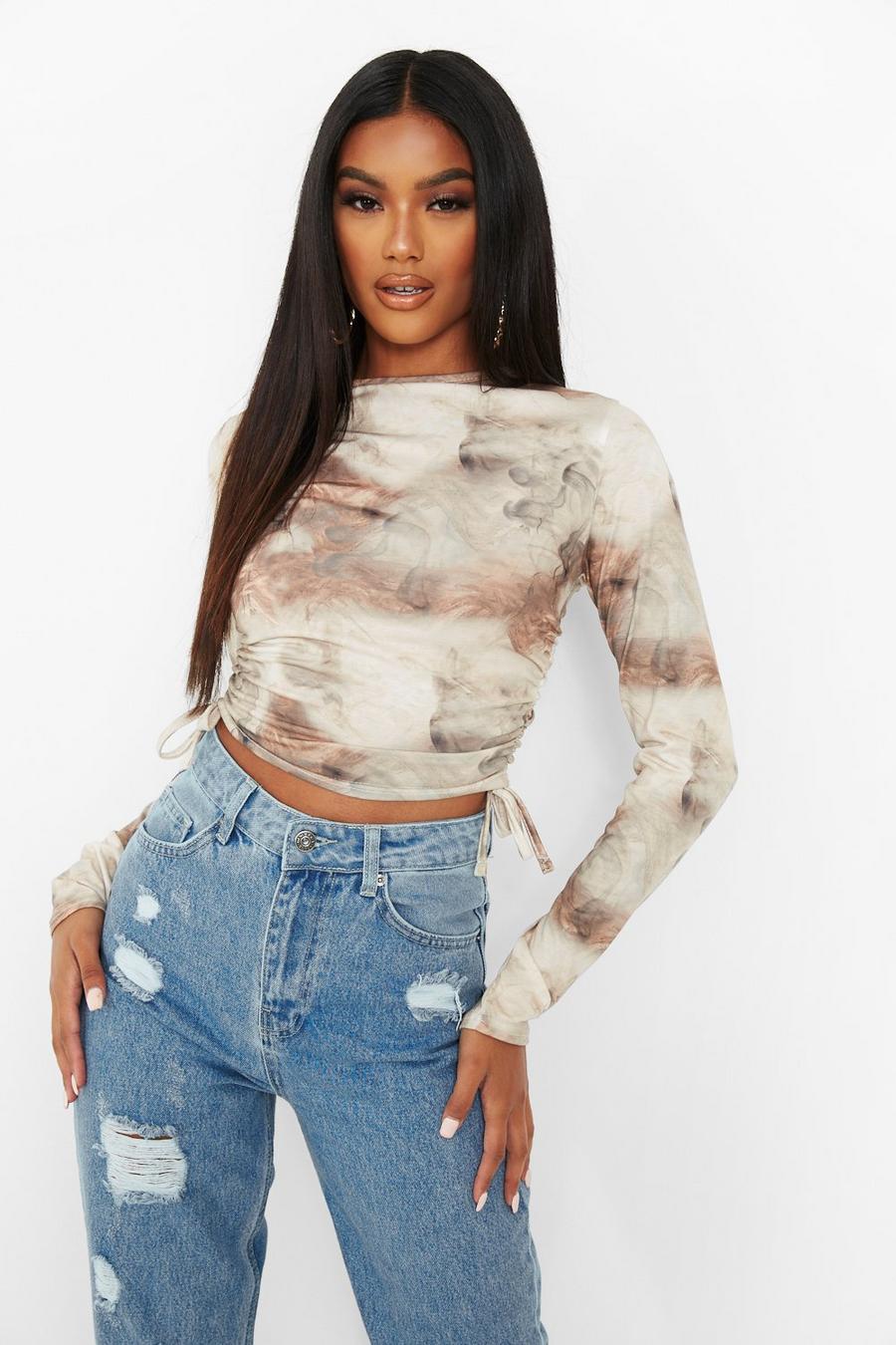 Marble Print Ruched Side Long Sleeve Crop Top