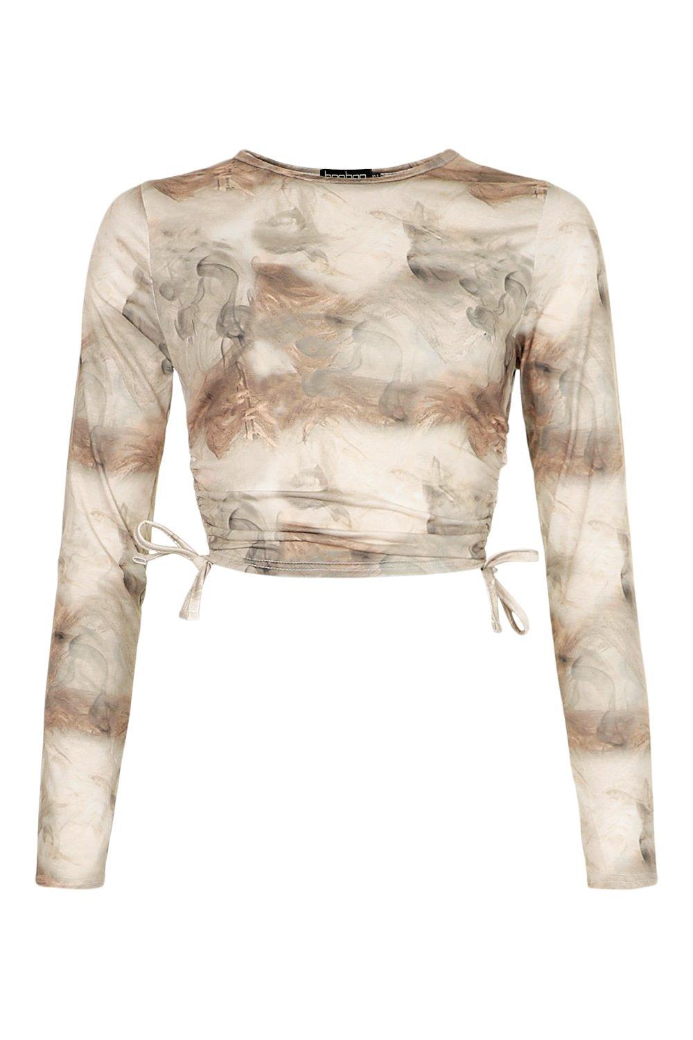 Marble Print Ruched Side Long Sleeve Crop Top