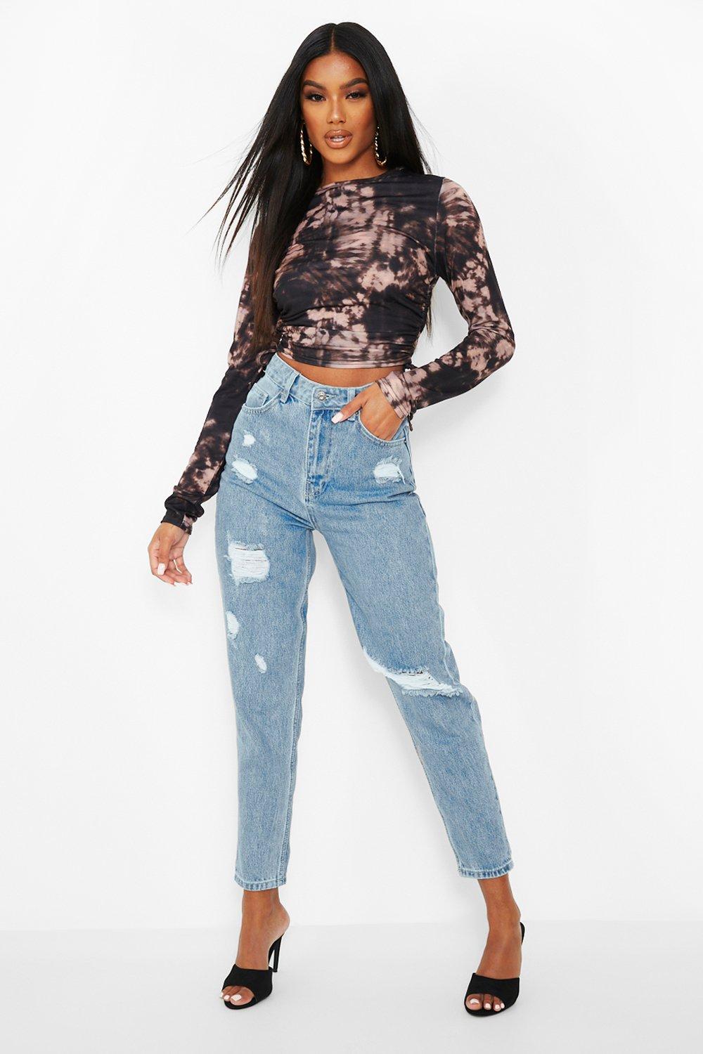 Women's Tie Dye Ruched Side Long Sleeve Crop Top