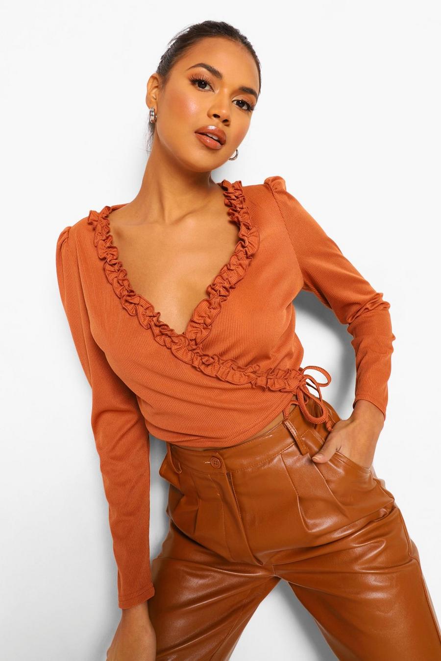 Rust Rib Ruffle Detail V Neck Crop Top image number 1