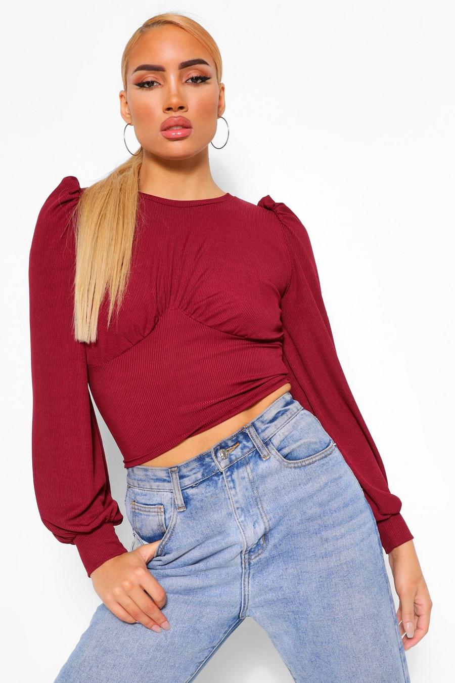 Berry Rib Gathered Bust Puff Sleeve Crop Top image number 1