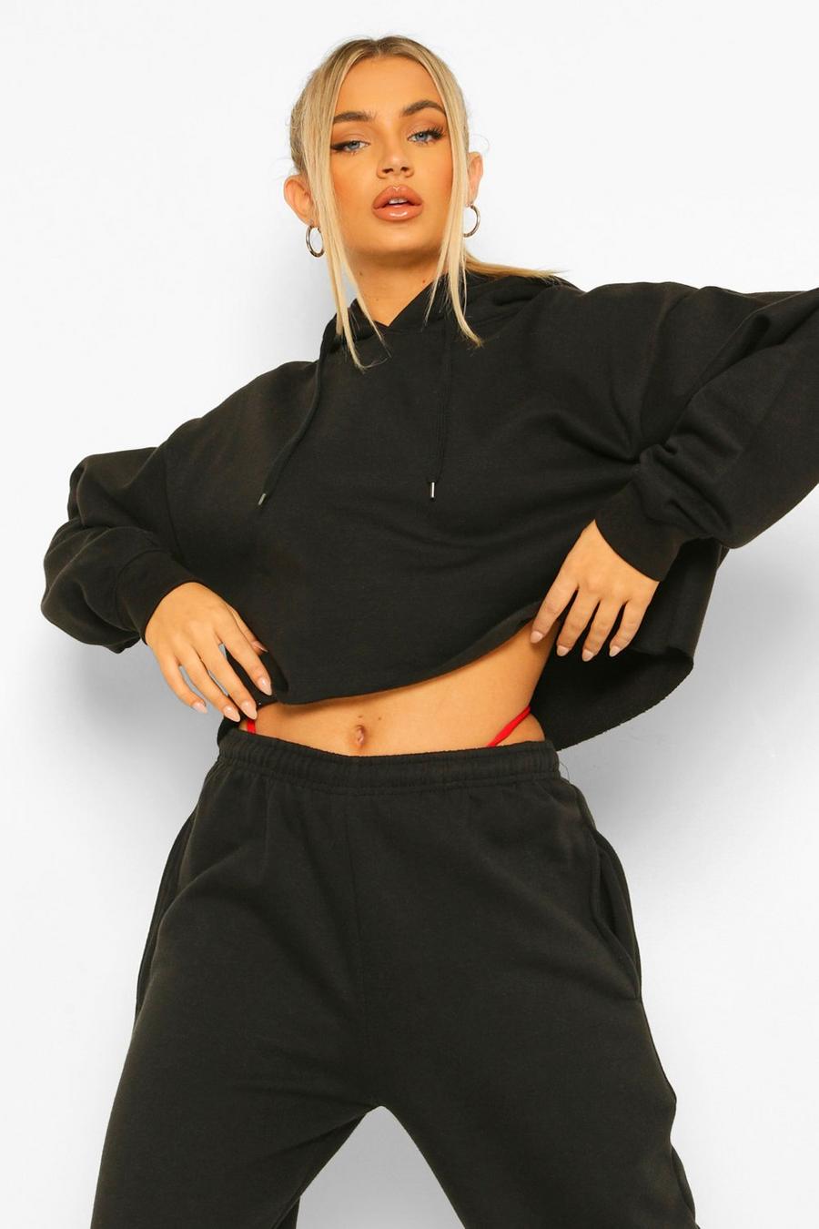 Black Cropped Oversized Hoodie Sweatshirt image number 1