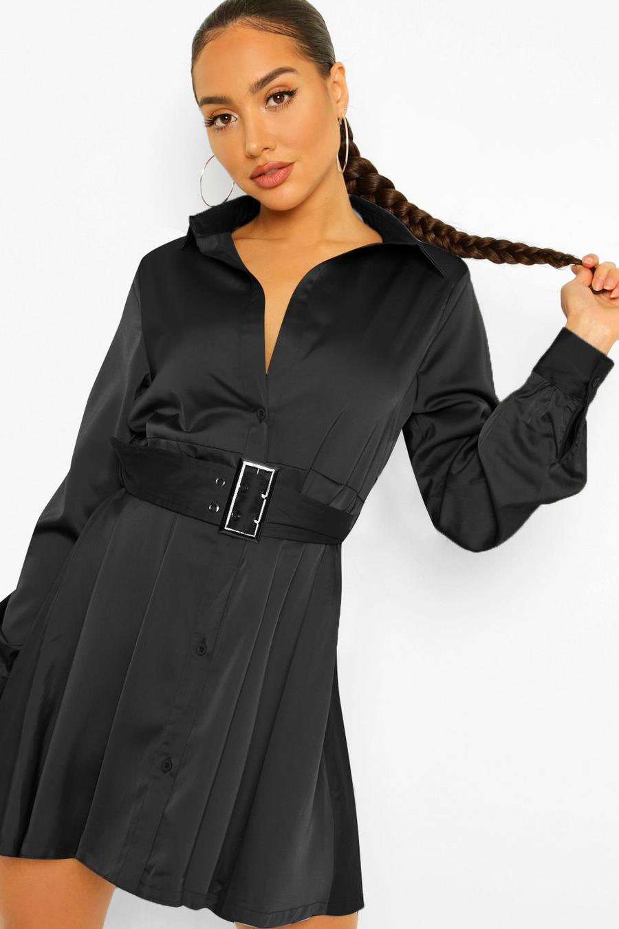 שחור שמלת חולצה מסאטן עם קפלים וחגורה מובנית מאותו אריג image number 1