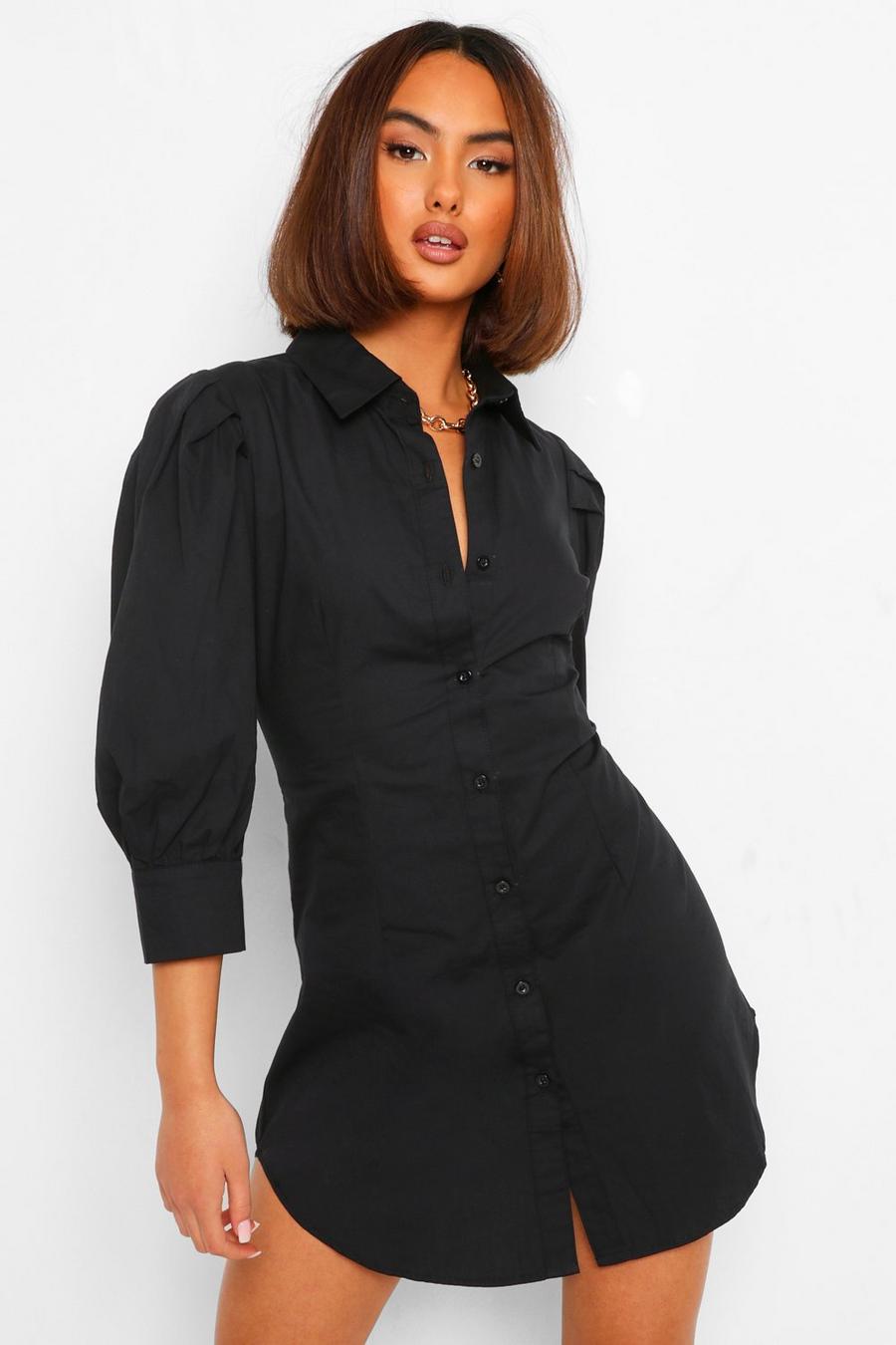 Robe chemise en popeline de coton à manches volume, Black image number 1