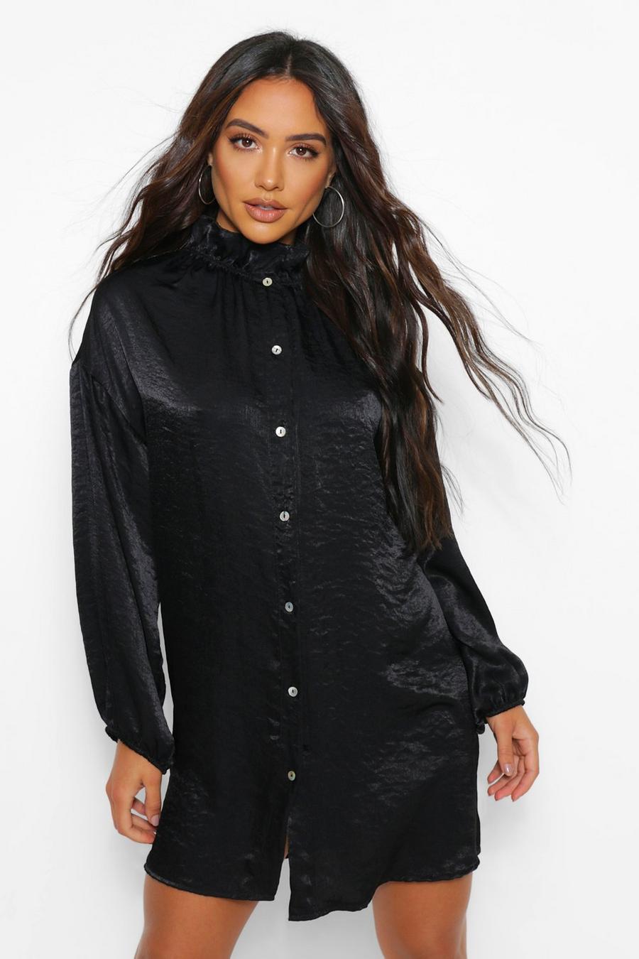 Black Frill Collar Button Down Smock Dress image number 1