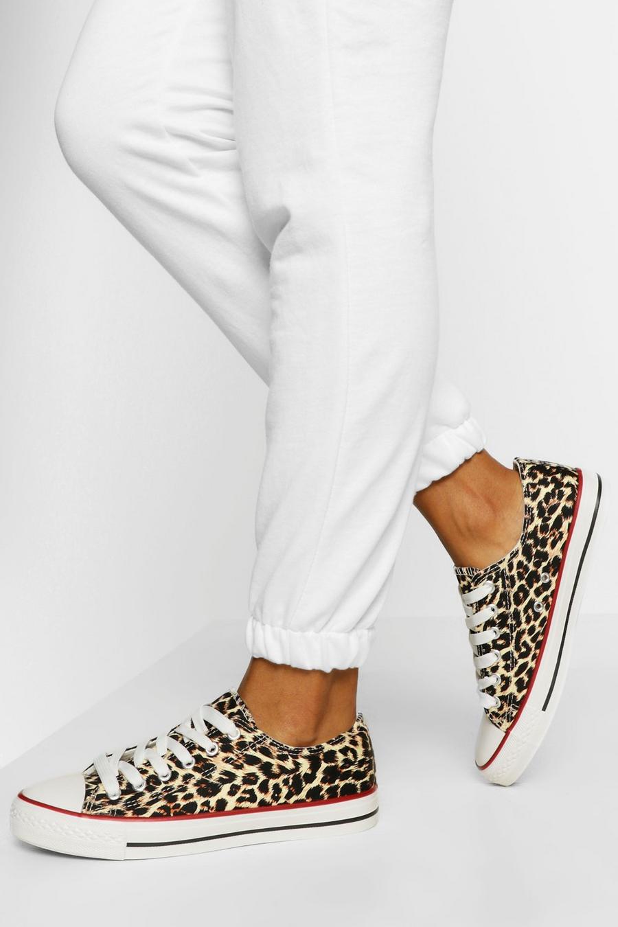 Leopard Print Lace Up Canvas Trainers image number 1