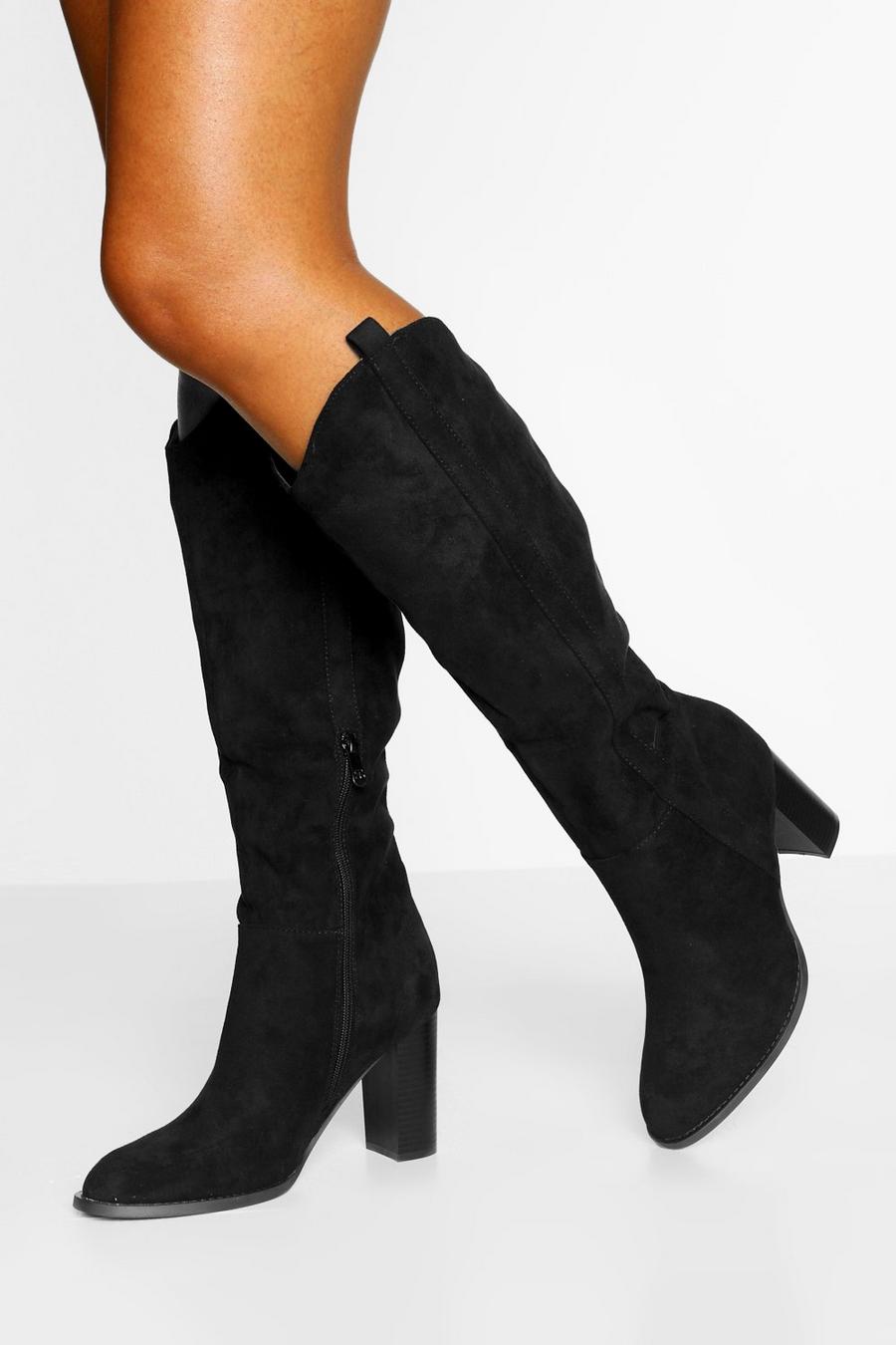 Black noir Pointed Toe Block Heel Knee High Boots image number 1