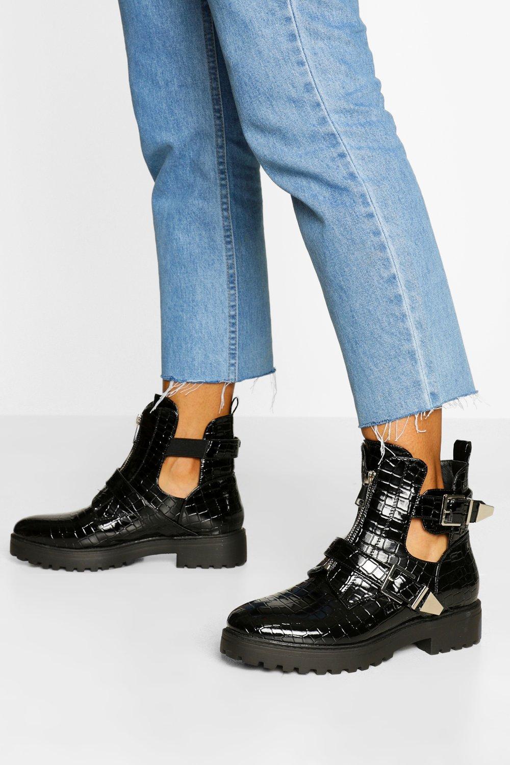 Croc Buckle Detail Cut Work Biker Boots 