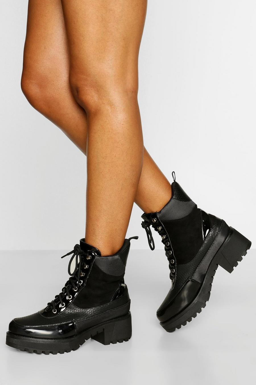 Black Mixed Material Chunky Combat Boots image number 1