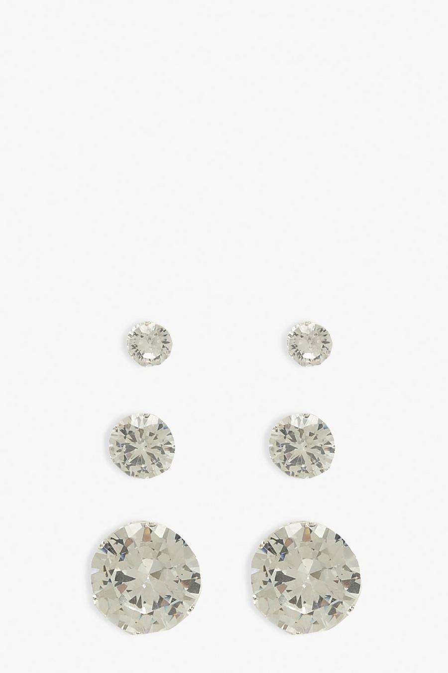 Silver silber 3 Pack Diamante Stud Earrings