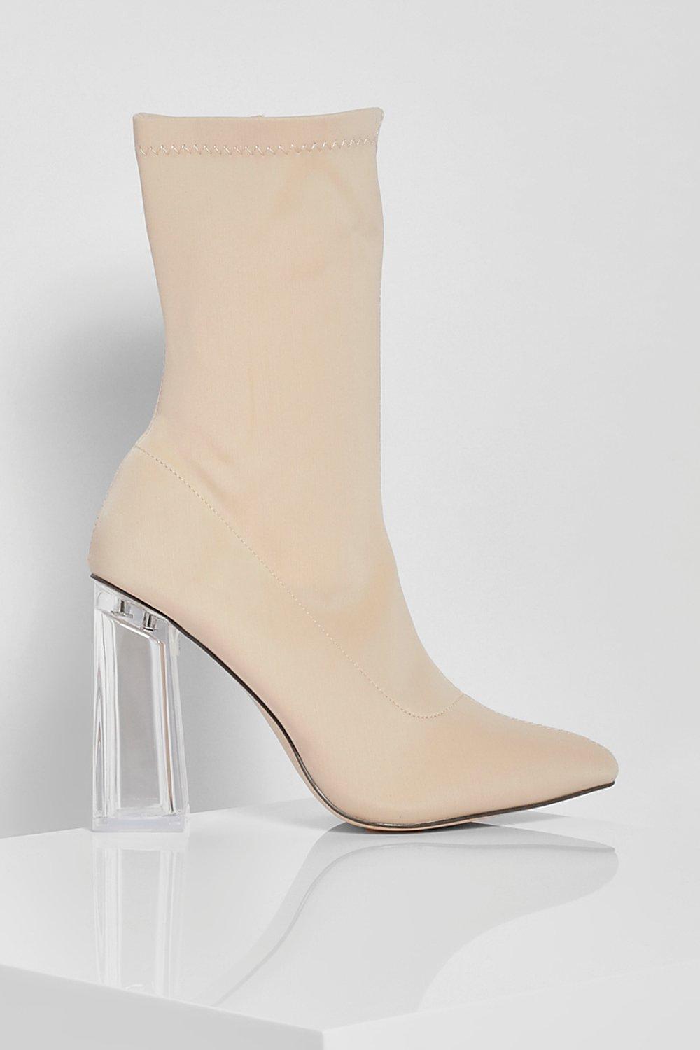 Clear Block Heel Pointed Toe Sock Boots