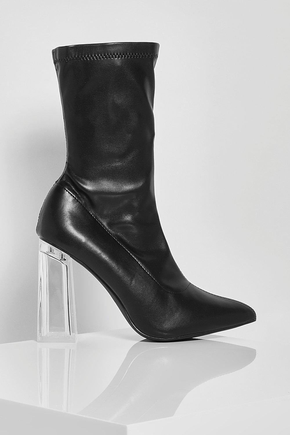 Clear Block Heel Pointed Toe Sock Boots
