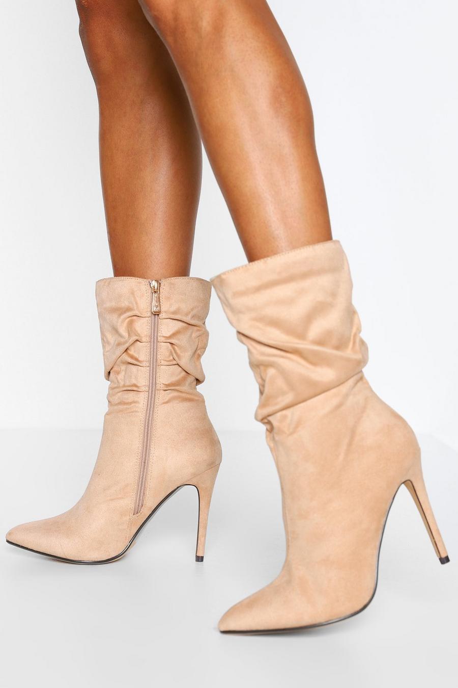 Beige Slouched Stiletto Heel Sock Boots image number 1