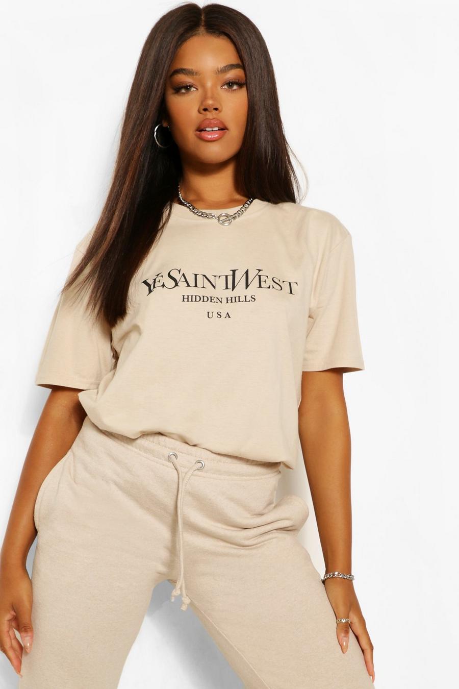 T-shirt oversize con scritta Ye Saint West, Sabbia beige