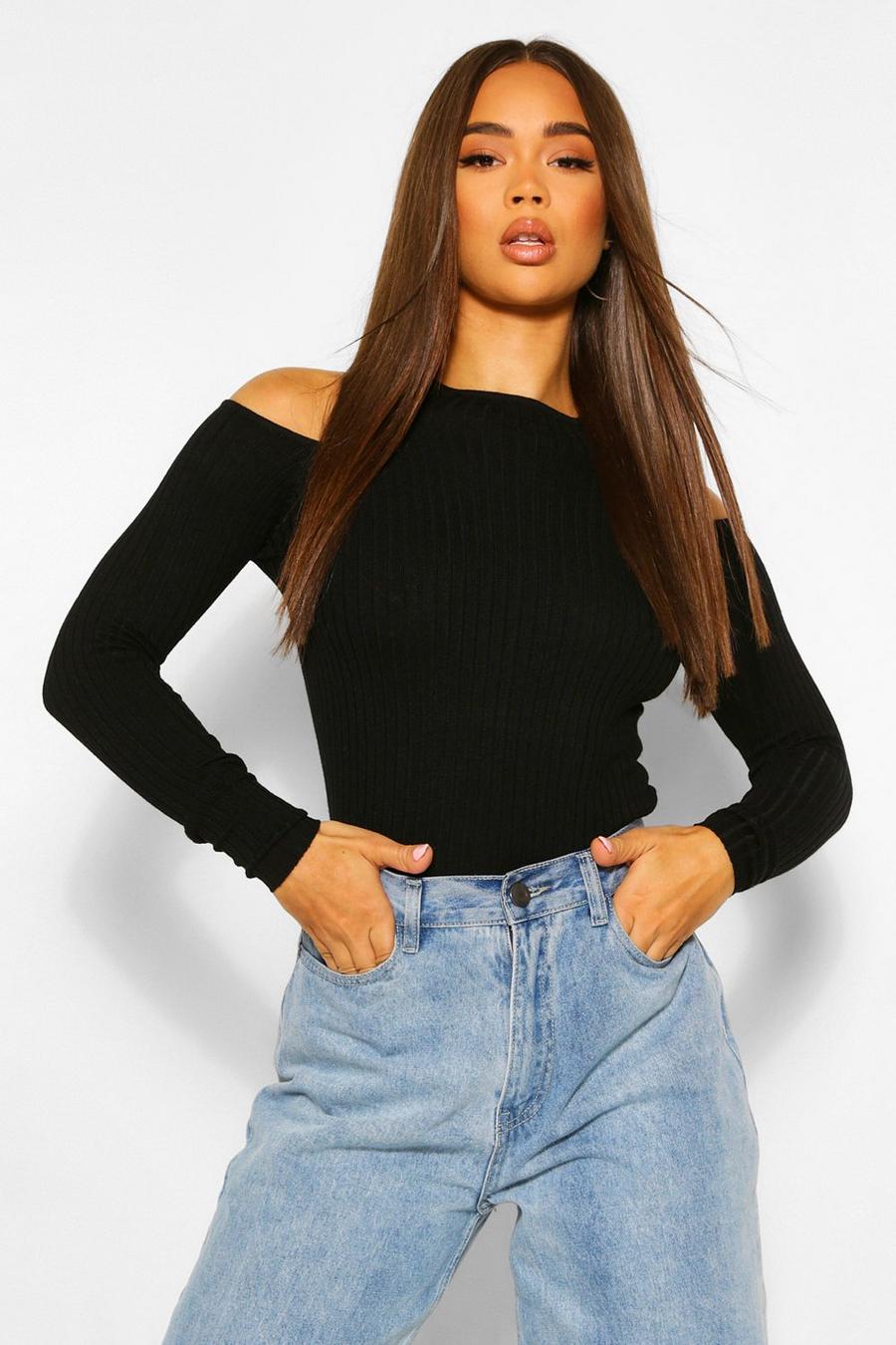 Cut Out Shoulder Rib Knit Sweater image number 1