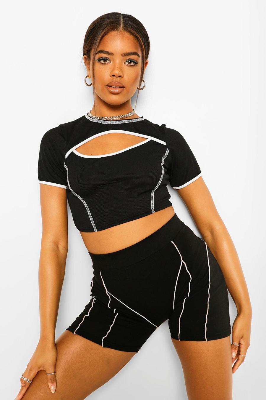 Black Piping Detail Cut Out Crop Top image number 1