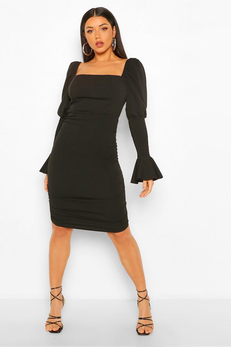 Black Rouched Shirred Sleeve Puff Detail Mini Dress image number 1