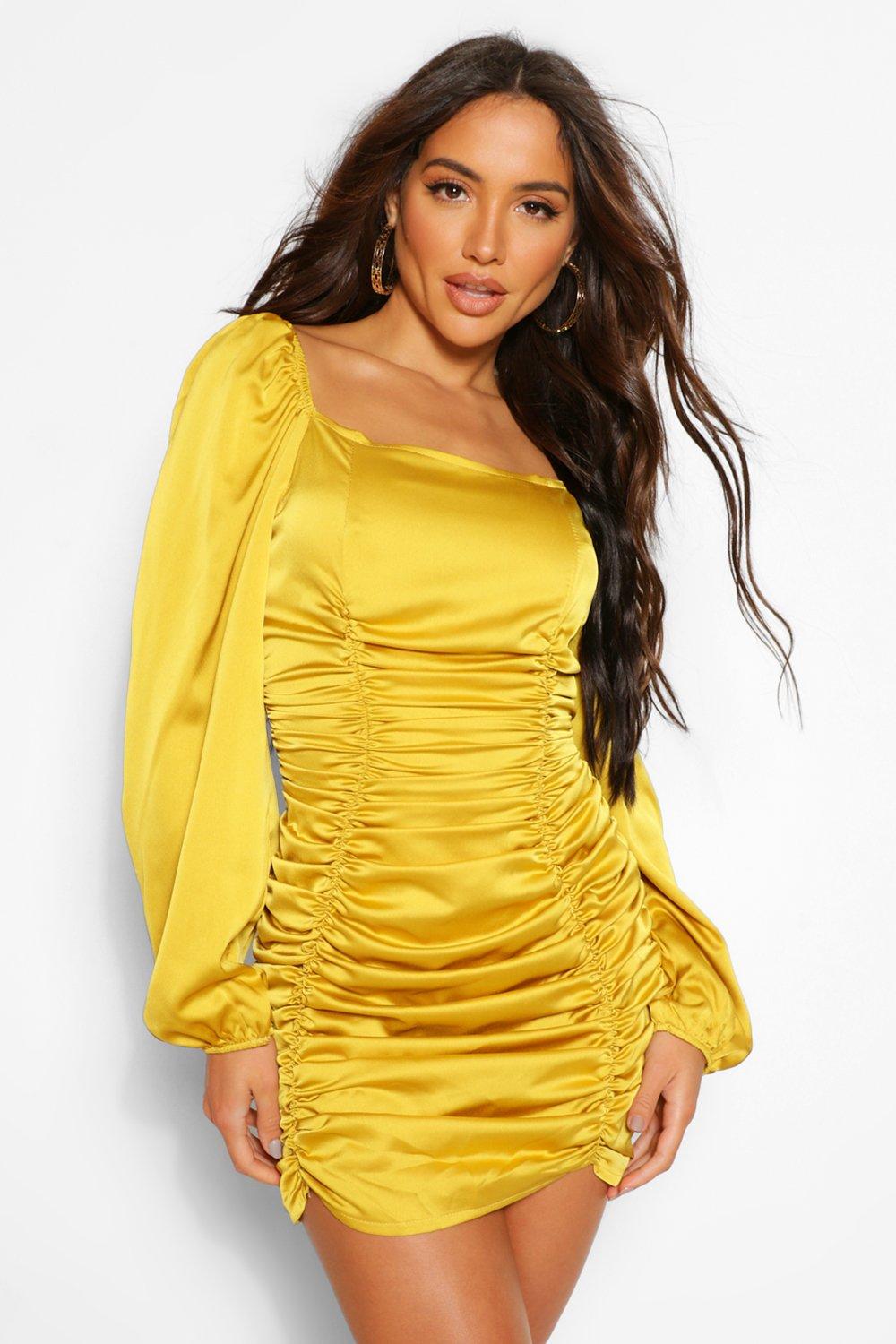 mustard yellow satin dress