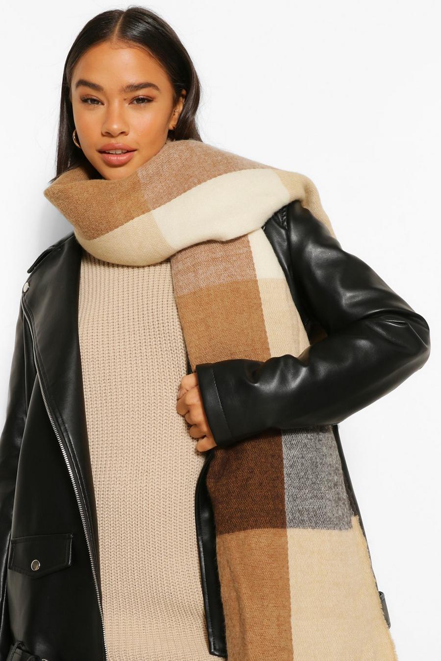 Camel Colour Block Panelled Oversized Scarf image number 1