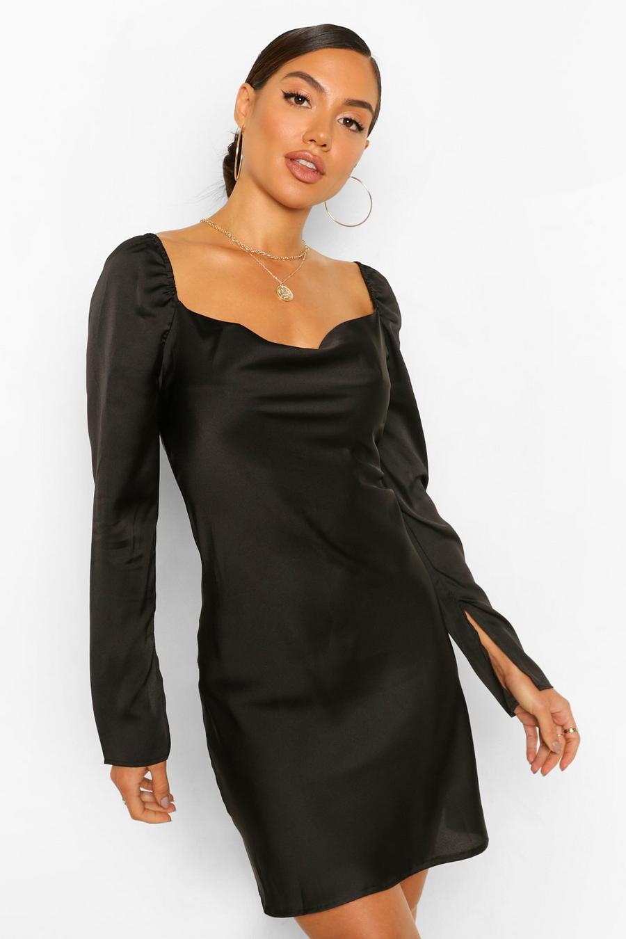 שחור שמלת שיפט מסאטן עם שסעים בשרוולים image number 1