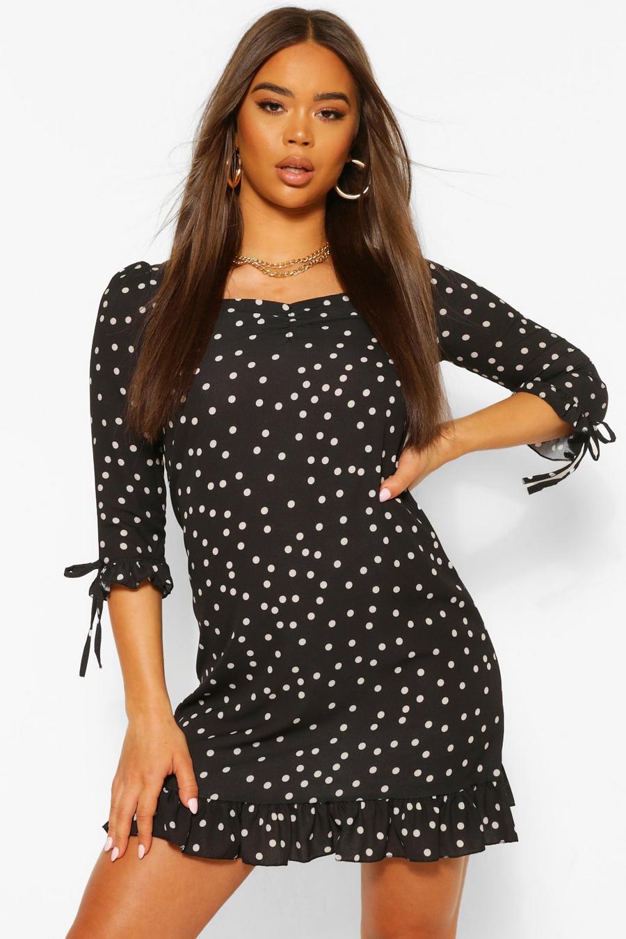 Black Polka Dot Tie Sleeve Ruched Shift Dress image number 1