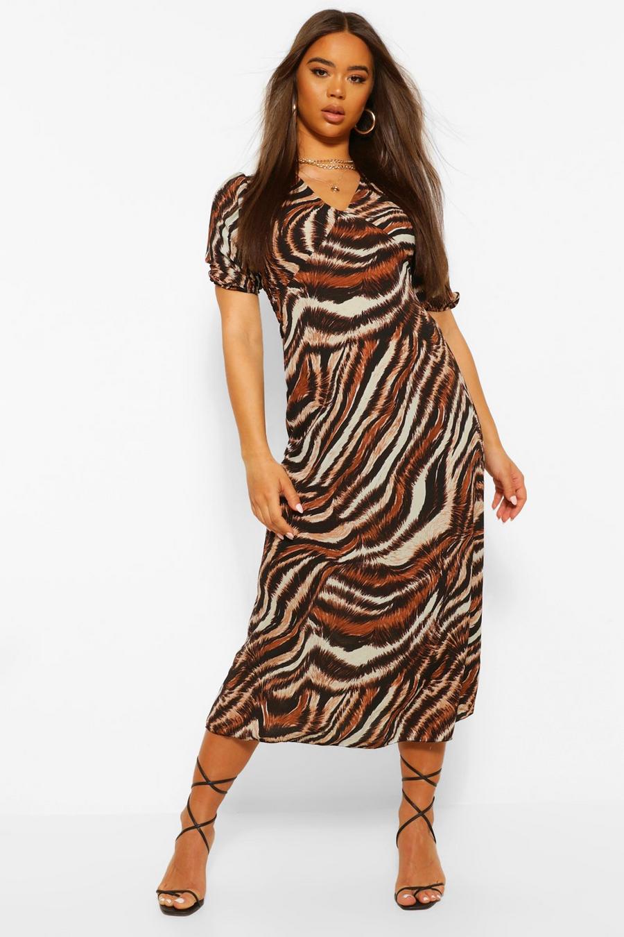 Brown Mixed Zebra Print Midi Dress image number 1