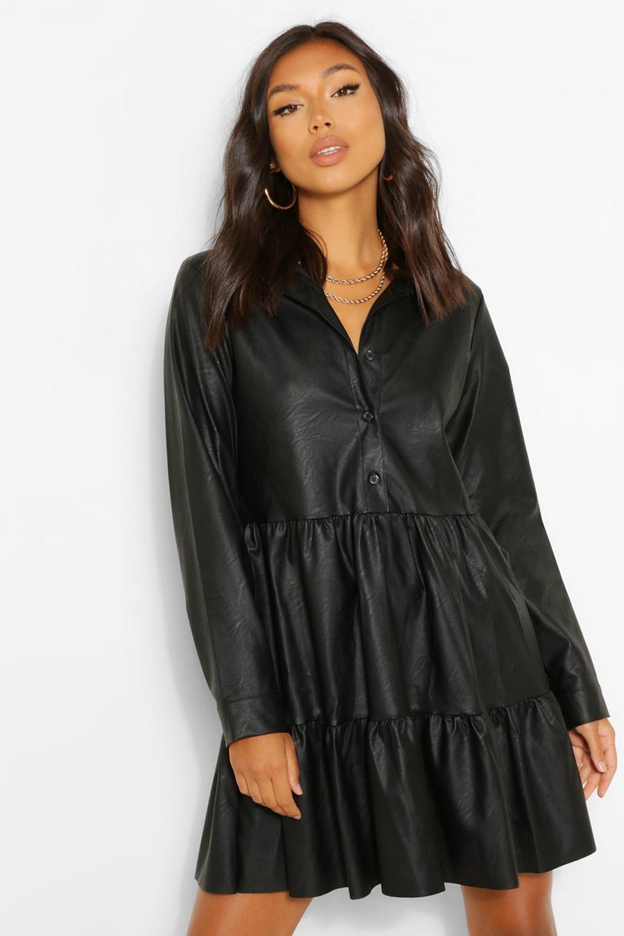 Black PU Long Sleeve Smock Shirt Dress image number 1