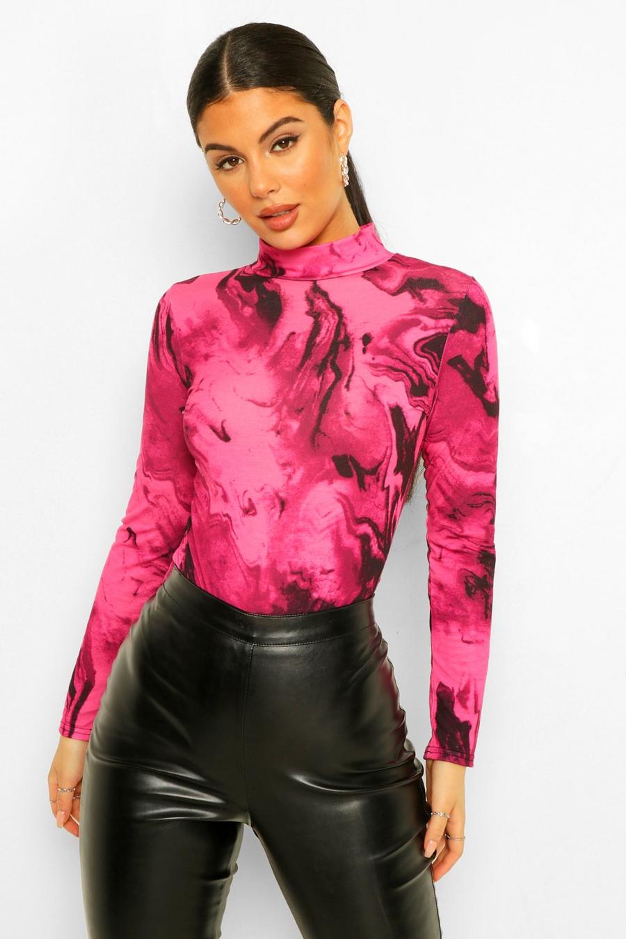 Pink Marble Print Roll Neck Bodysuit image number 1