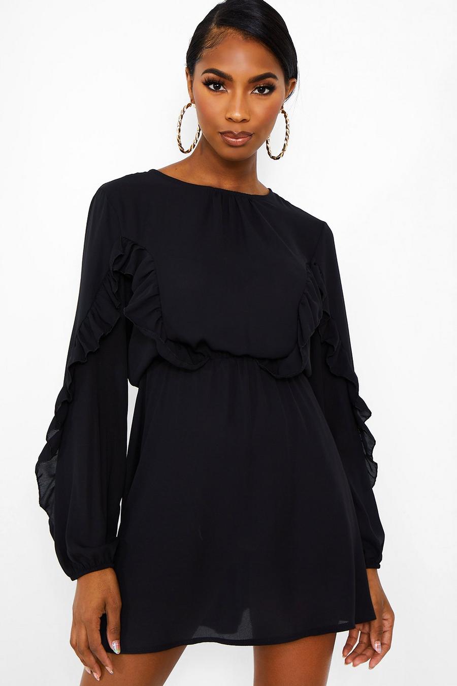 Woven Ruffle Front and Sleeve Skater Dress, Black image number 1