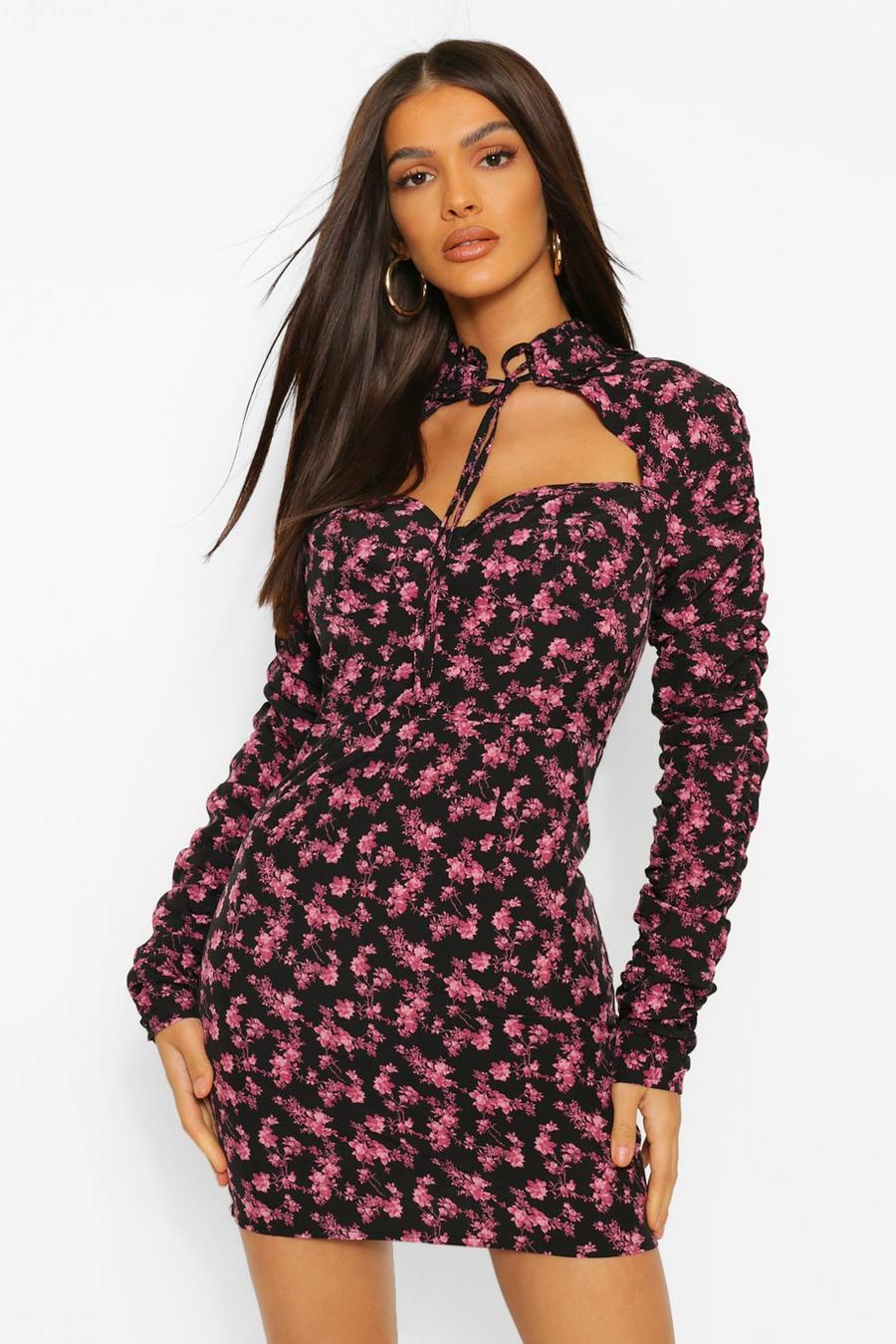Pink Floral High Neck Cut Out Mini Dress image number 1