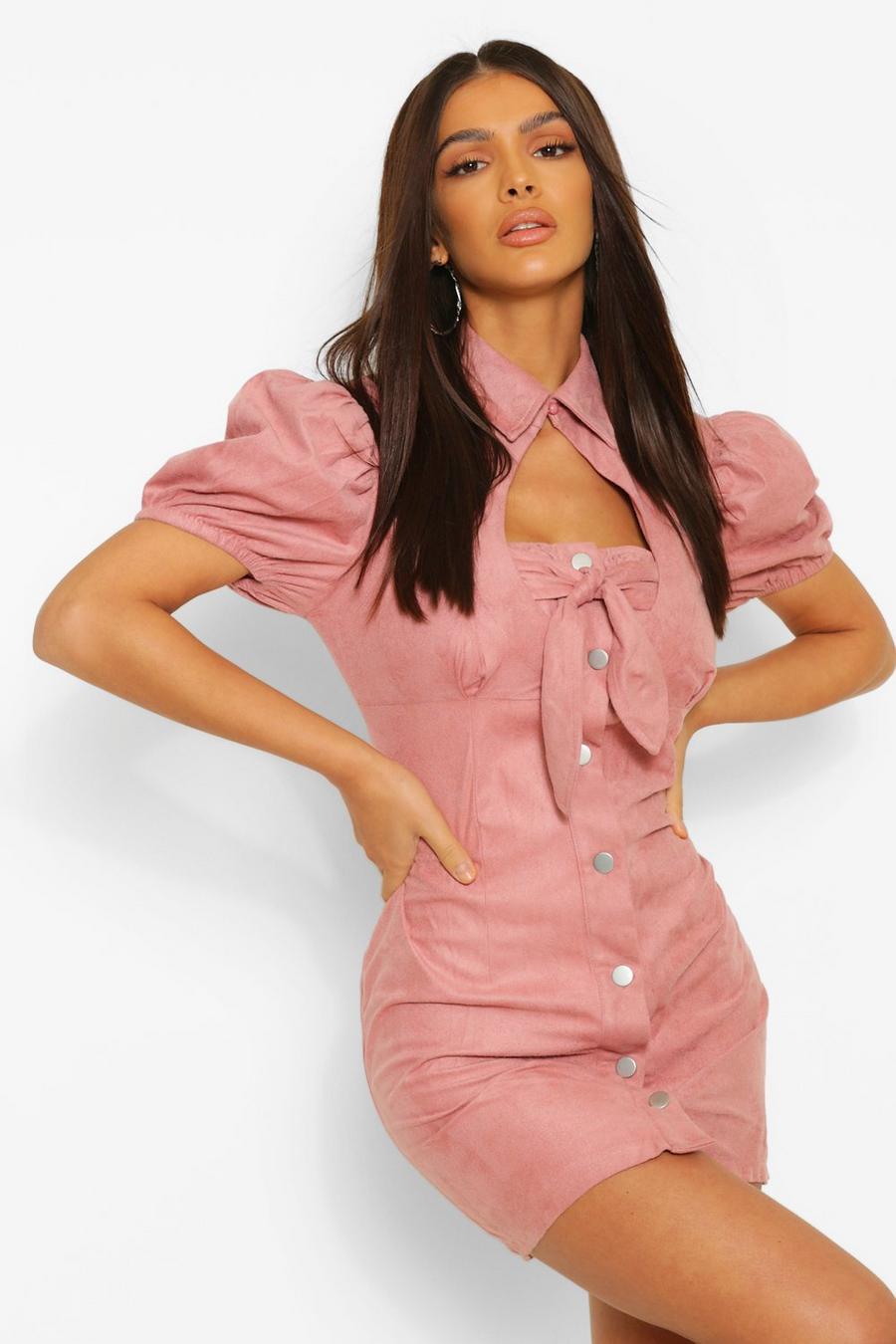 Rose Suedette Tie Bust Puff Sleeve Mini Dress image number 1