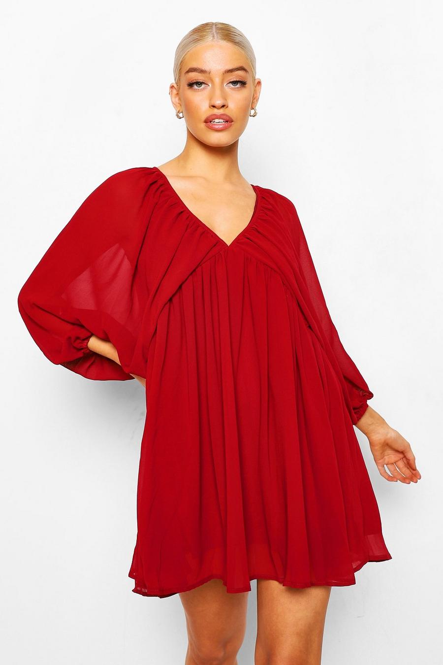 Berry Plunge Balloon Sleeve Smock Dress image number 1