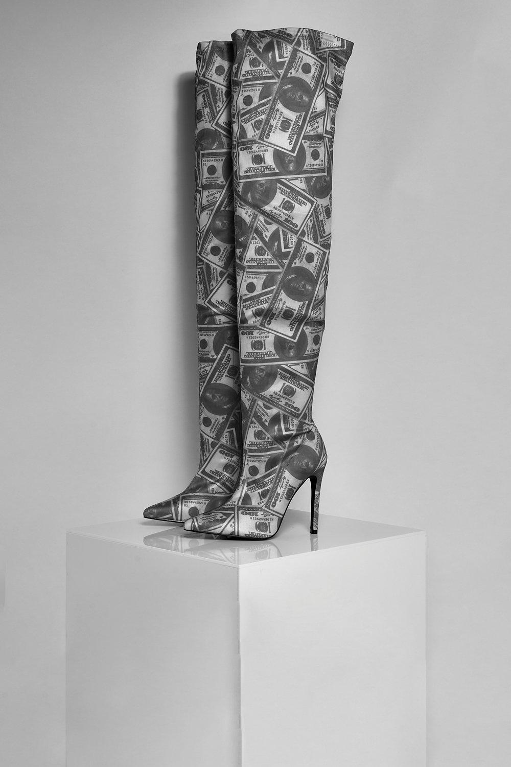 Money print store thigh high boots