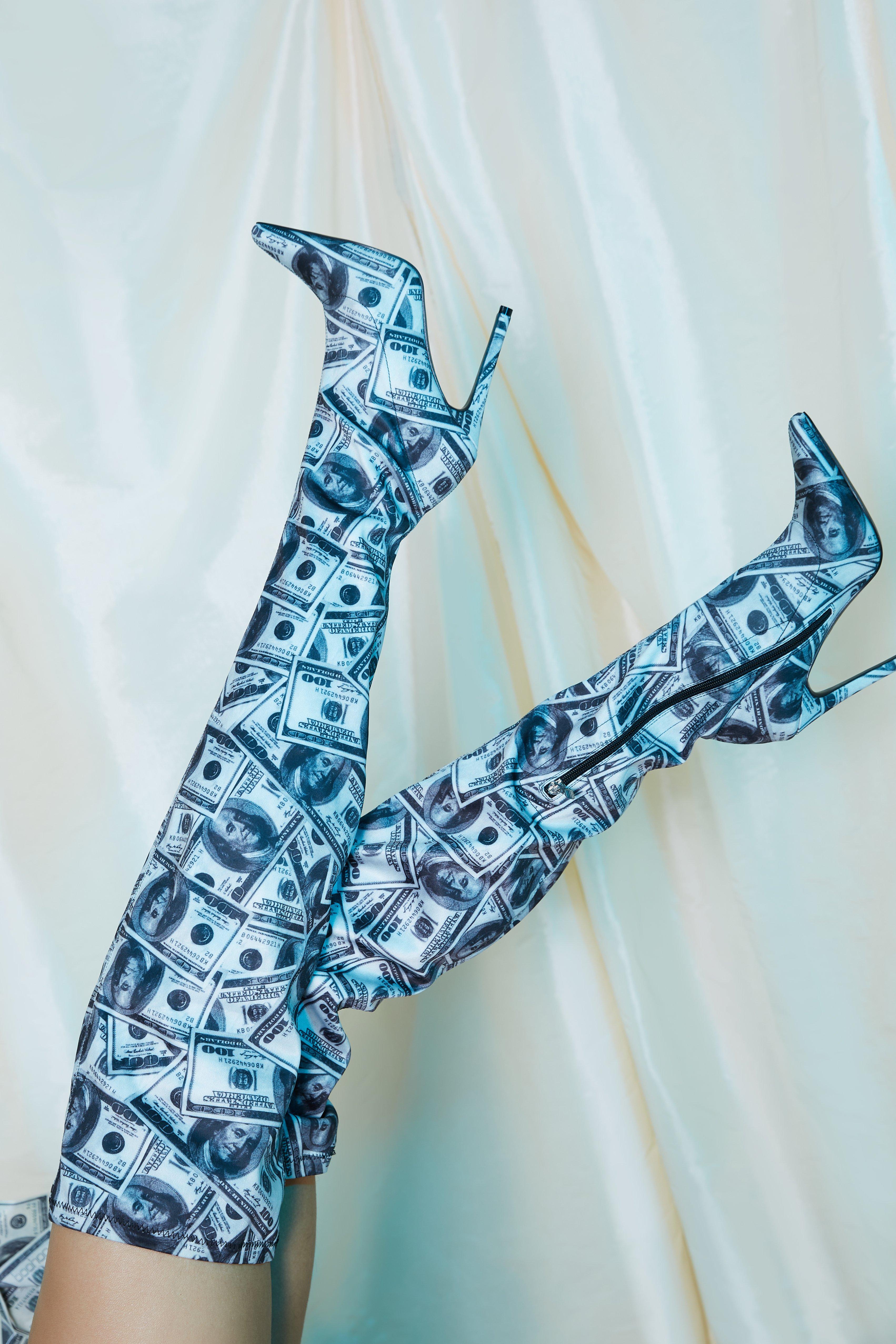 Money print thigh high hot sale boots