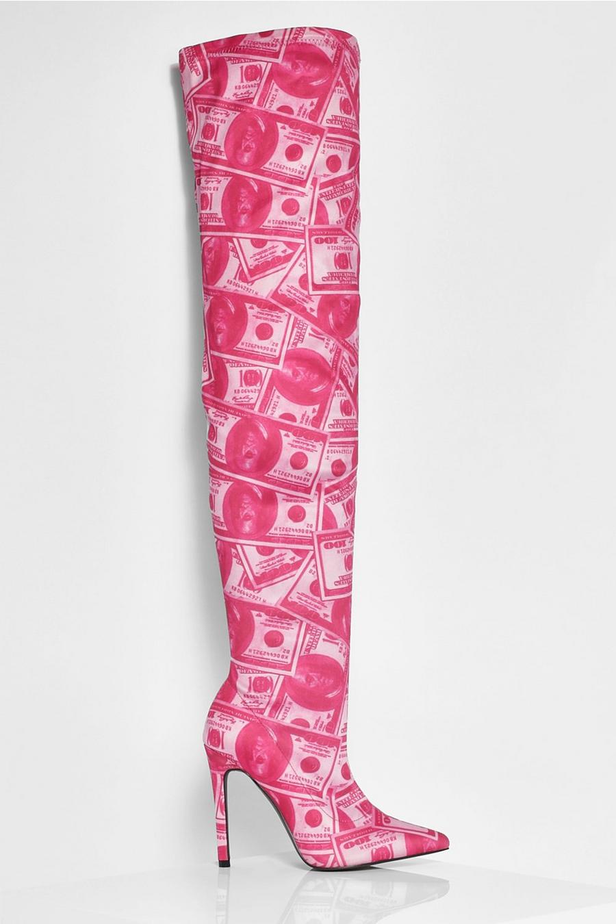Pink rose Halloween Money Print Over The Knee Boots image number 1