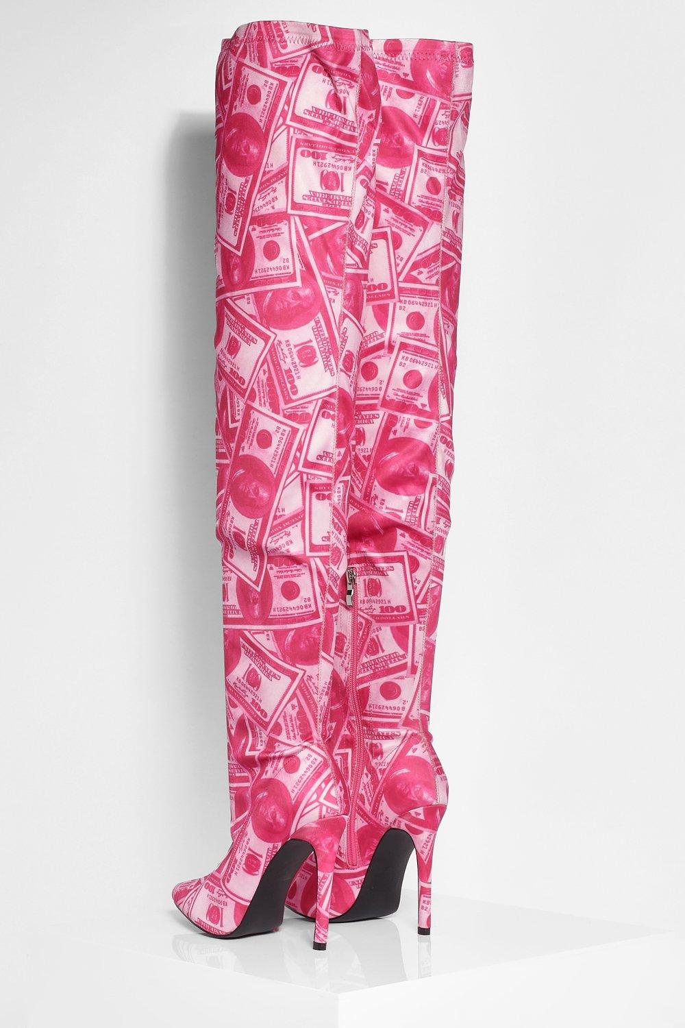 Money print store thigh high boots