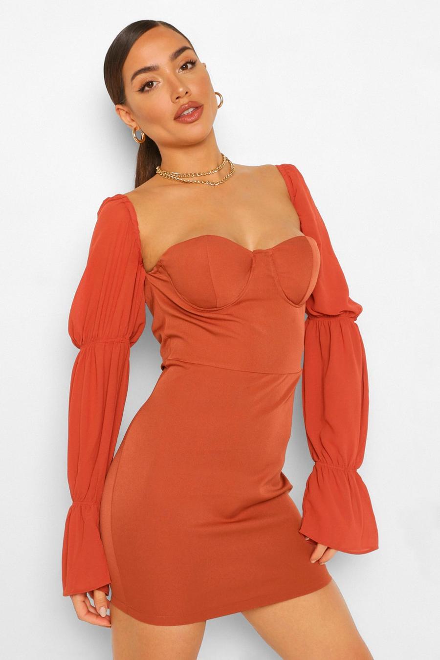חלודה שמלת מיני עם קאפ ושרוולי אורגנזה image number 1