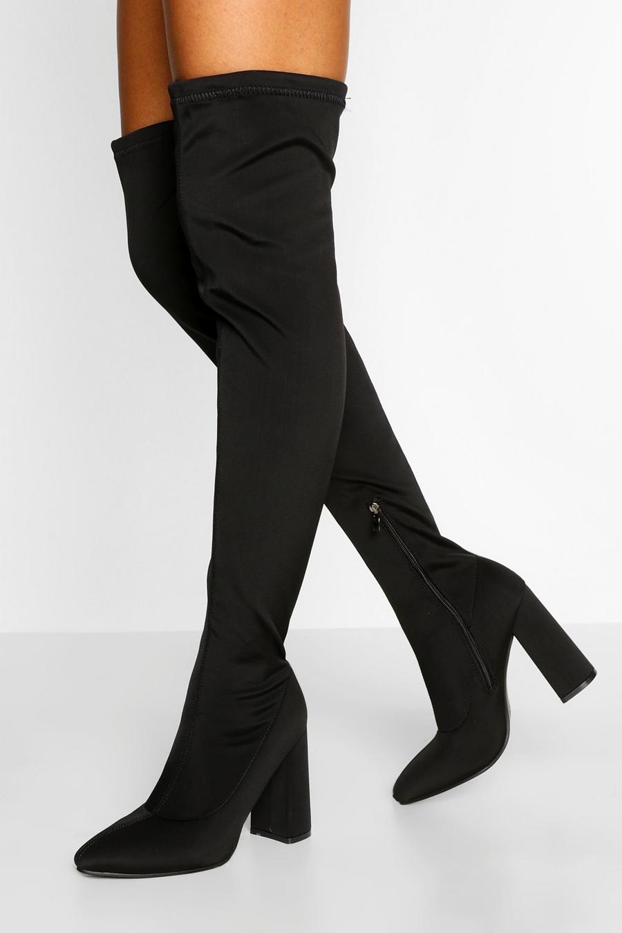 Black Stretch Thigh High Block Heel Boots image number 1