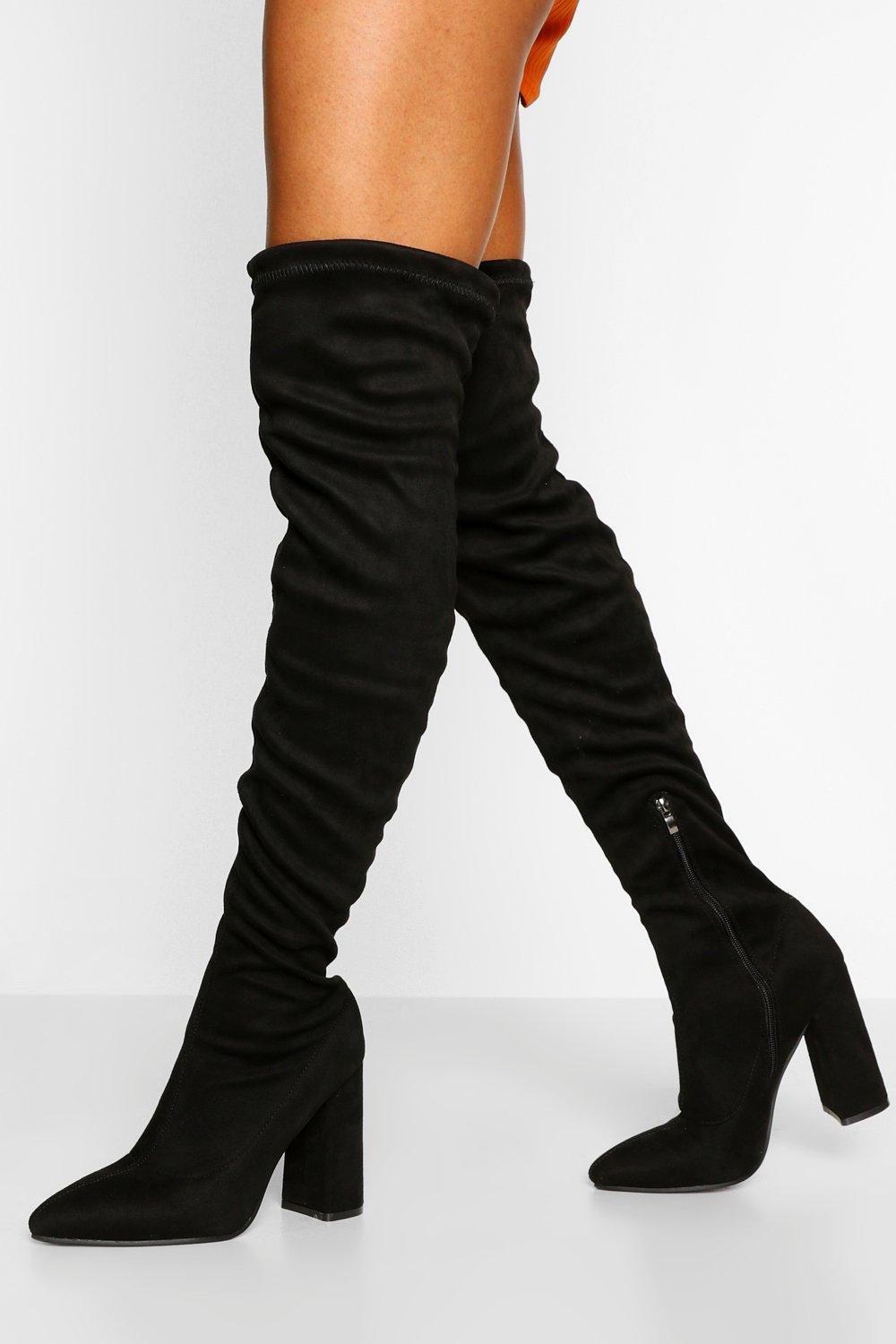 thigh high black boots block heel