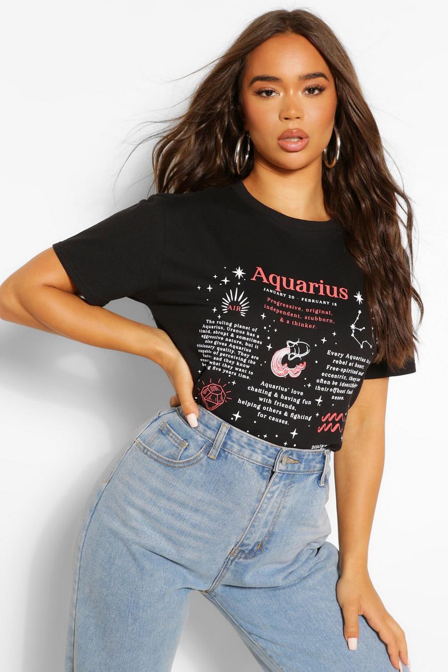 Black "Aquarius" T-shirt med grafiskt tryck och horoskop image number 1