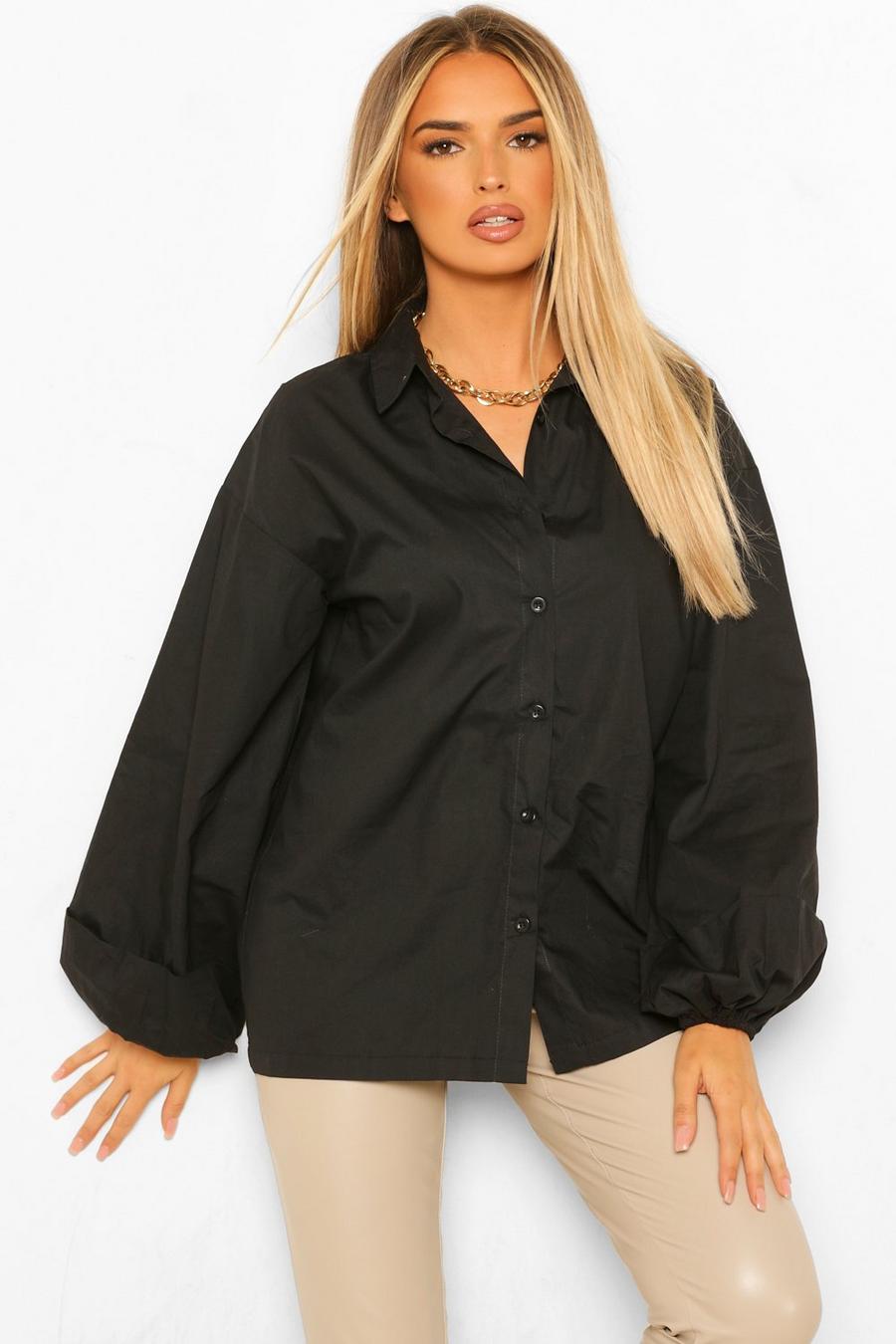 Black Pleated Extreme Puff Sleeve Poplin Shirt image number 1