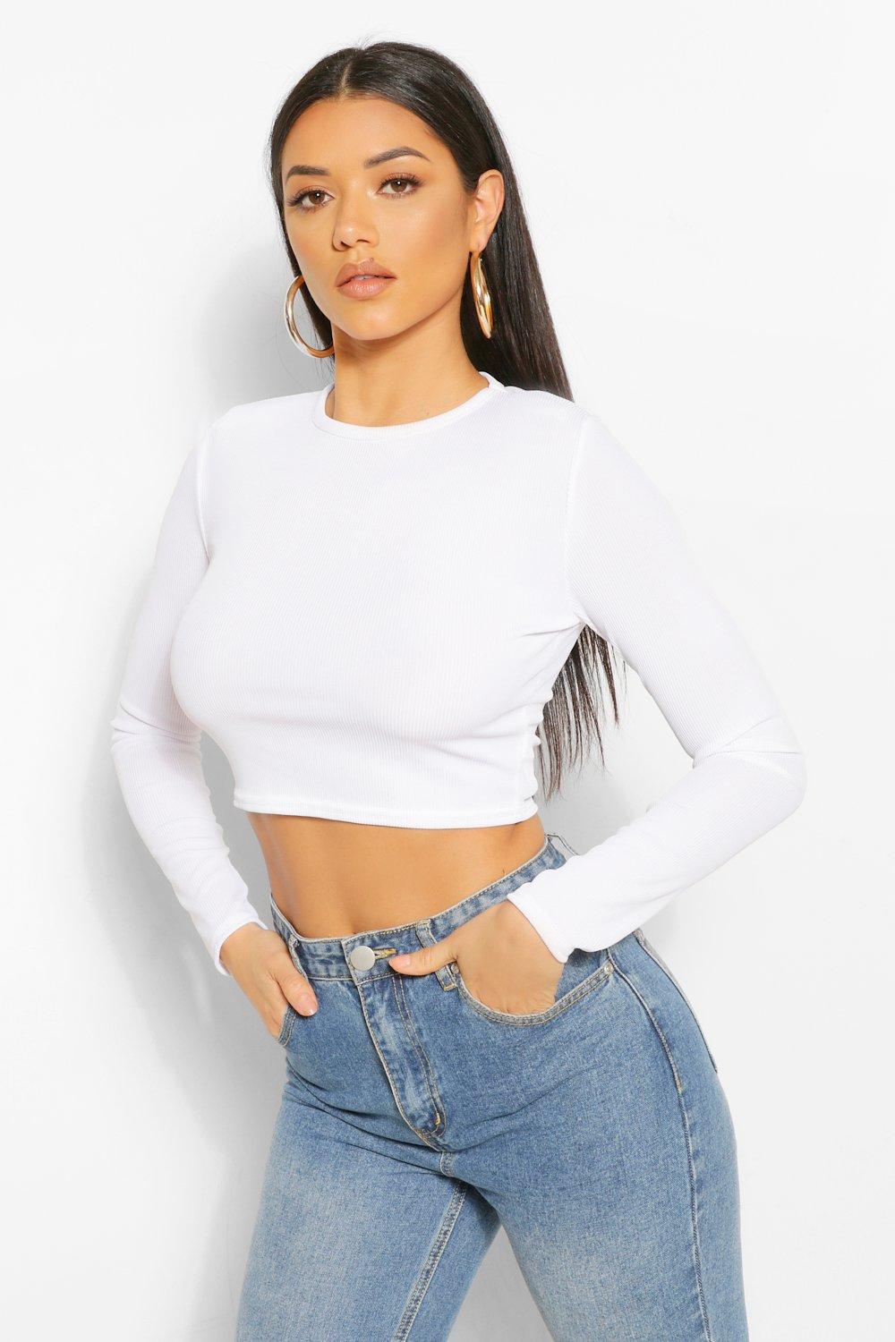 Long Sleeve Rib Shoulder Pad Crop Top boohoo