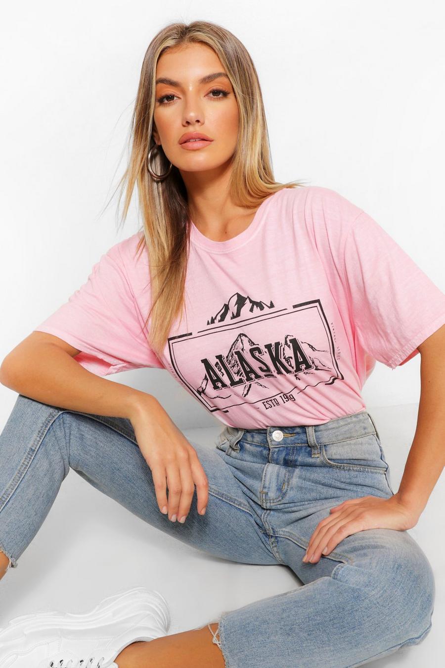 Pink "Alaska" T-shirt med tvättad effekt och tryck image number 1