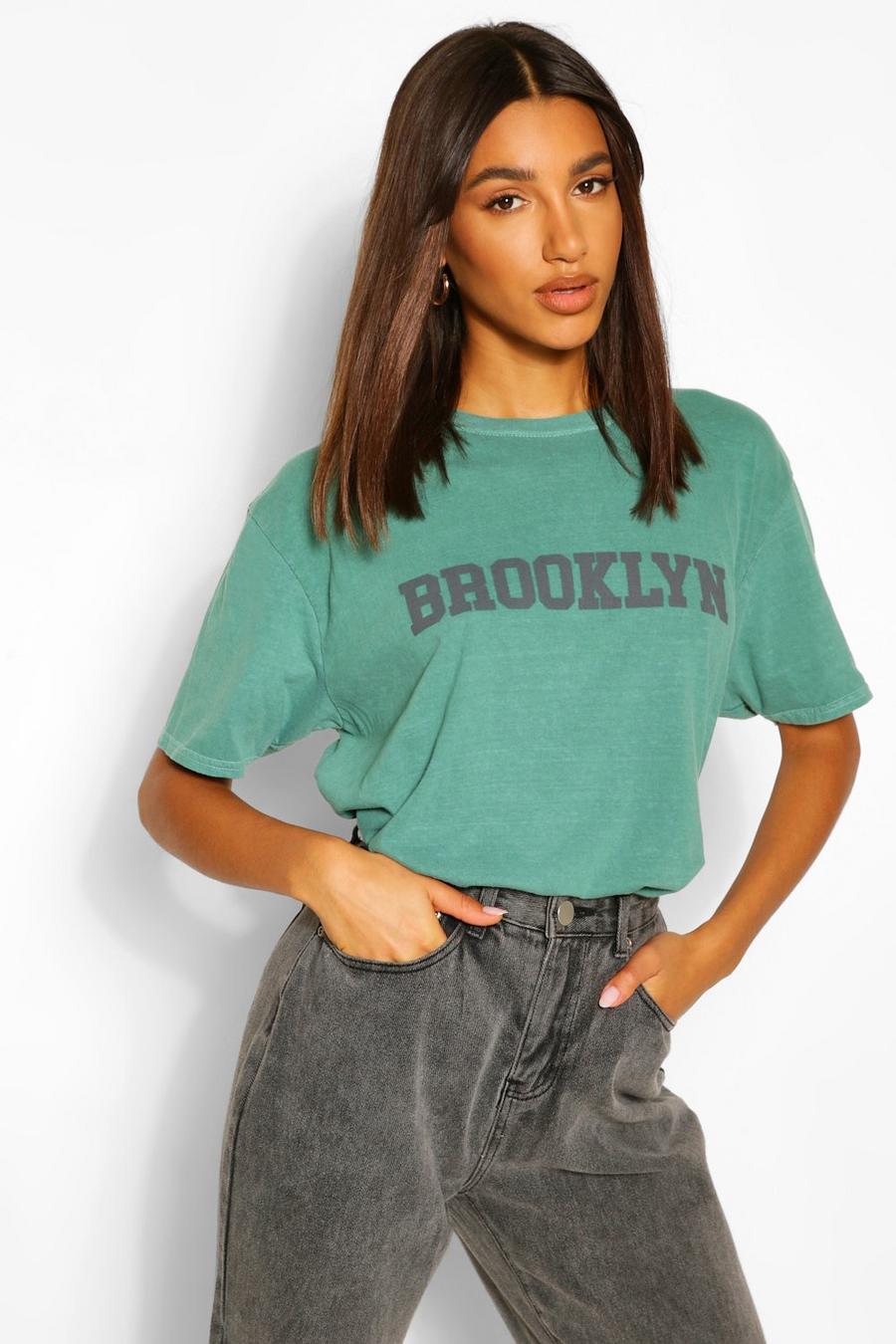 T-Shirt mit Waschung und „Brooklyn“-Print, Grün image number 1