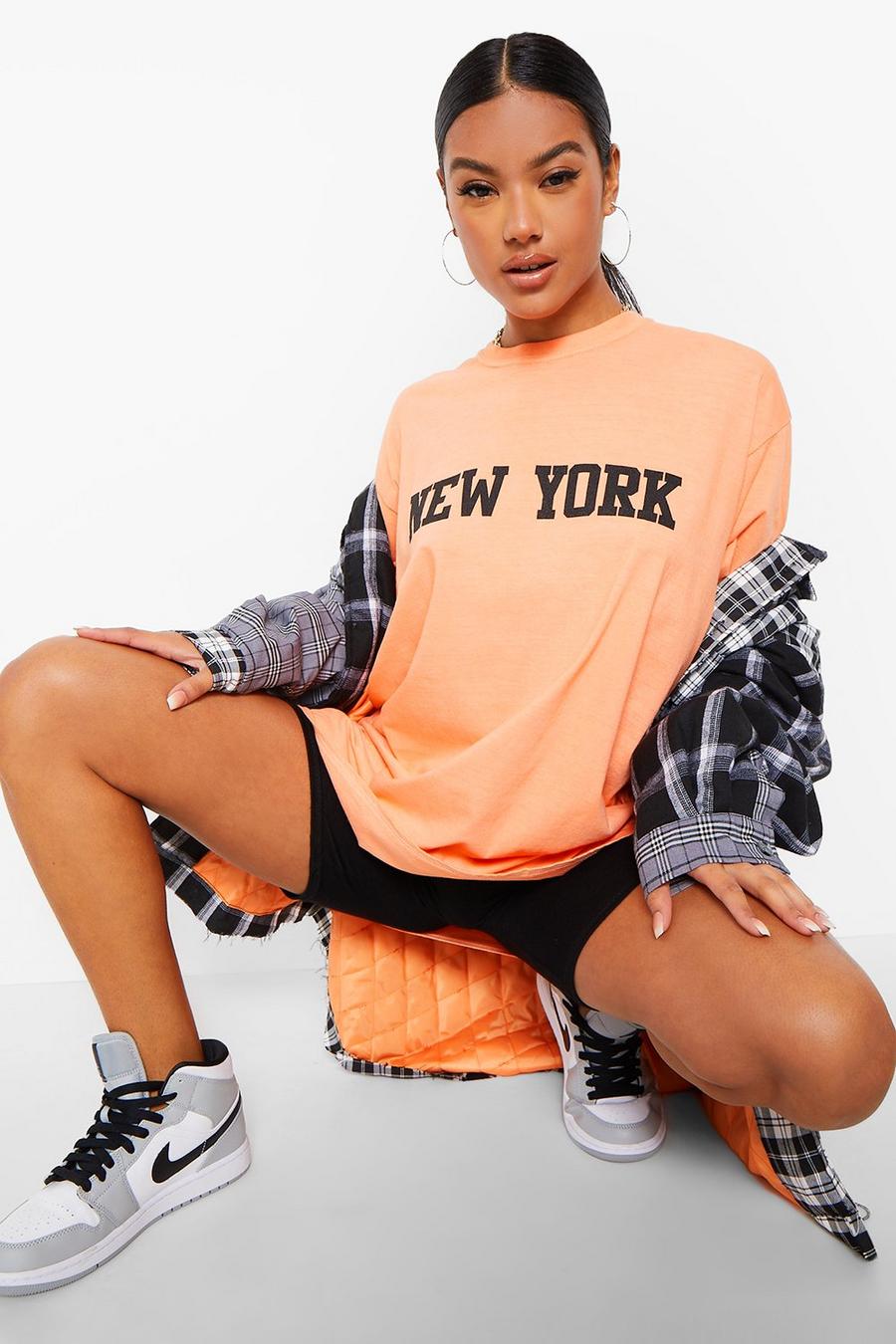 Orange New York T-shirt med tvättad effekt och tryck image number 1