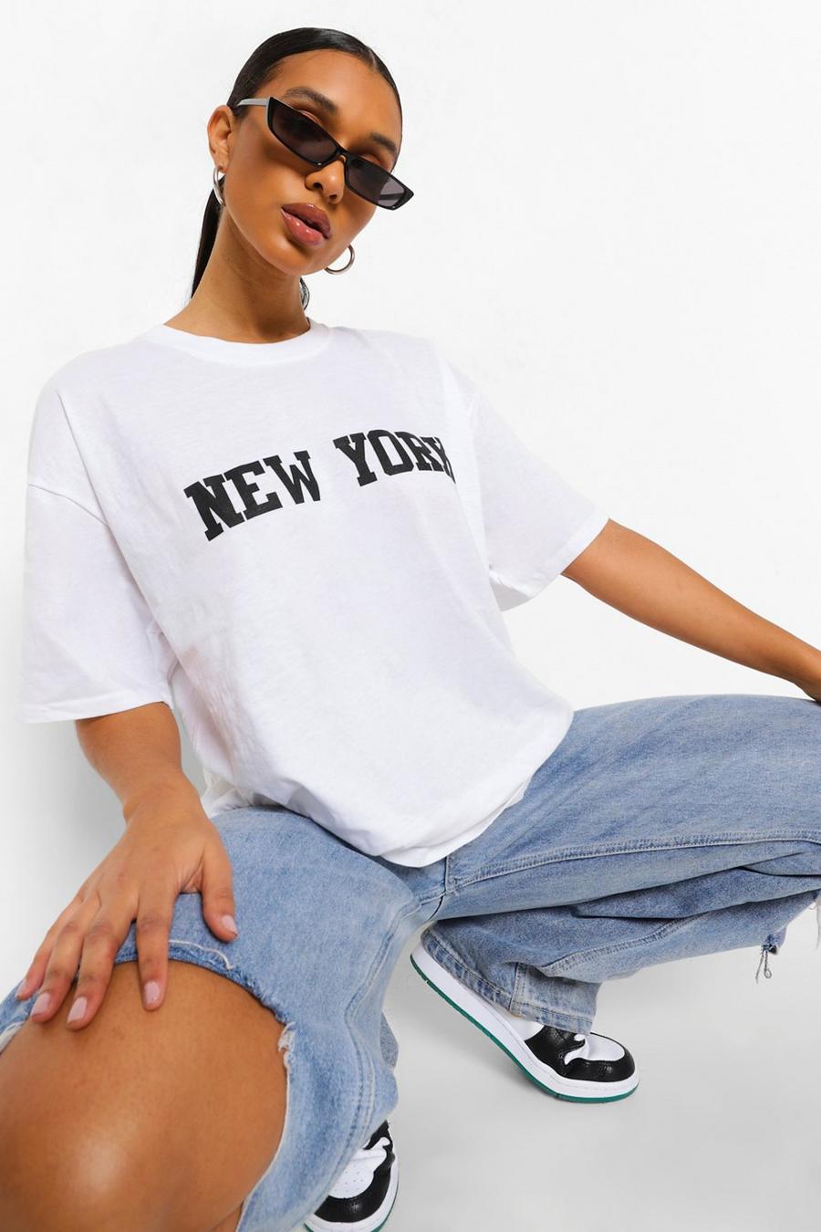 White New York T-shirt med tvättad effekt och tryck image number 1