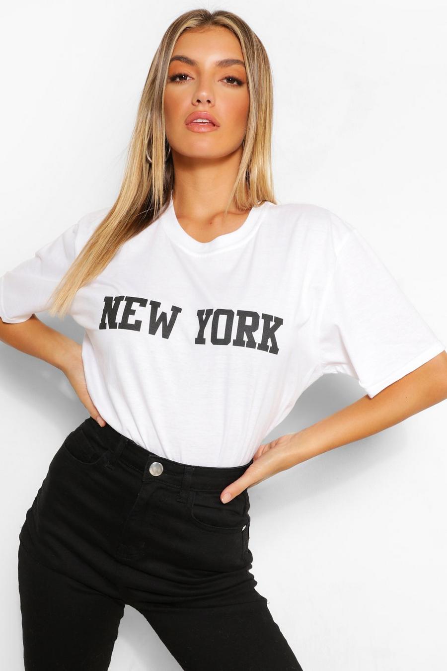 White "New York City" T-shirt med tvättad effekt och tryck image number 1
